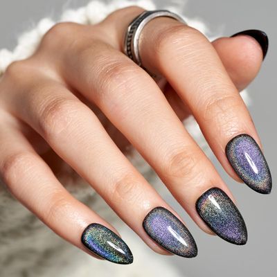 GLAMERMAID Press on Nails Short Almond, Rainbow Black Spring Summer Handmade Gel Glue on Nails, 24Pcs Glossy Short Stiletto Reusable UV Finish Fake Nails Acrylic False Nails Manicure Kits for Women