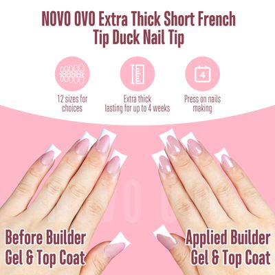 NOVO OVO French Tip Short Duck Nail Tips Press on, Pre-designed Soft Gel Nail Extension, BERRY PINK Pre-applied Tip Primer &amp; Base Coat, Full Cover Matte Vrial False Nails for DIY x 12 Sizes 240 pcs