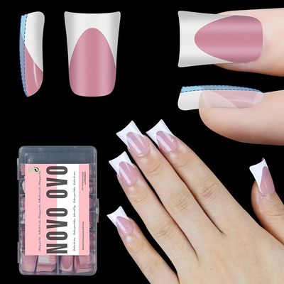 NOVO OVO French Tip Short Duck Nail Tips Press on, Pre-designed Soft Gel Nail Extension, BERRY PINK Pre-applied Tip Primer &amp; Base Coat, Full Cover Matte Vrial False Nails for DIY x 12 Sizes 240 pcs