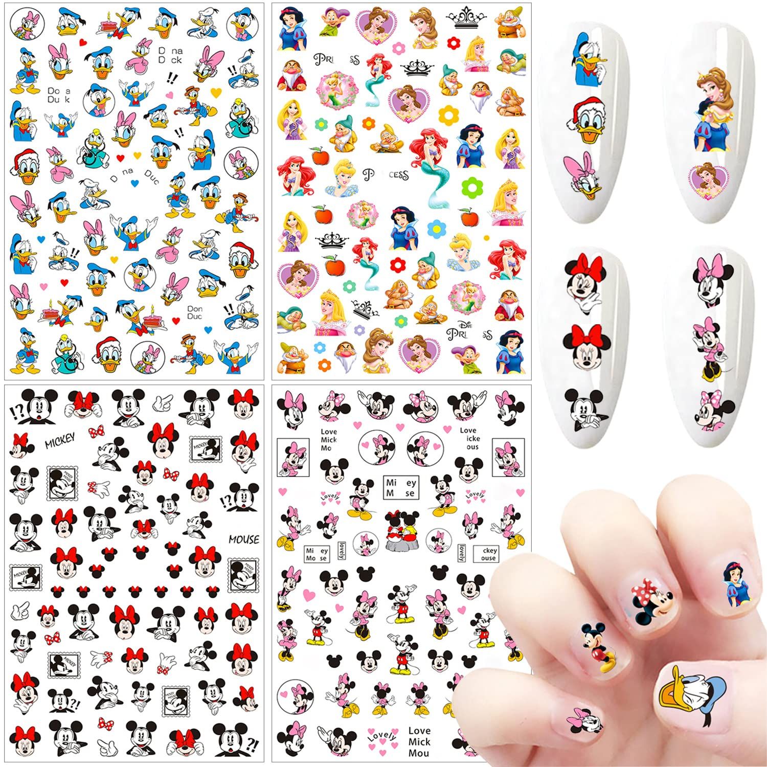 Skreened Cartoon Nail Art Stickers 3D Self-Adhesive Decals Cute Princess Supplies Designer for Women Kids Girls Nails Decorations (4 Sheets)