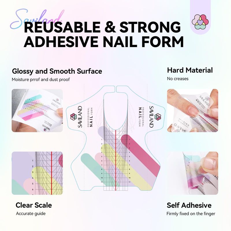 SAVILAND Plus Nail Forms: Reusable Sticky Nail Form for Builder Gel Super Adhesive Nail Extension Forms for Acrylic Nails with Precise Length Guide for Nail Art