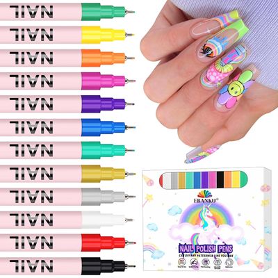 EBANKU 12 Color Nail Art Pens Set 3D 0.5MM Nail Polish Pen Quick-Drying Acrylic Paint Nail Art Point Dotting Liner Nail Pen for Nail Art Home &amp; Salon Nail DIY