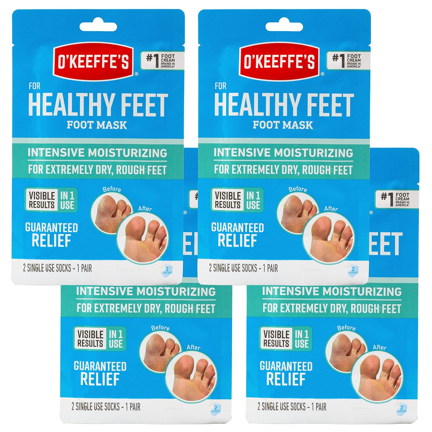 OKeeffes for Healthy Feet Intensive Moisturizing Foot Mask; Guaranteed Relief for Extremely Dry; Rough Feet; One Pair Single-Use Hydrating Foot Mask Socks; (Pack of 4)