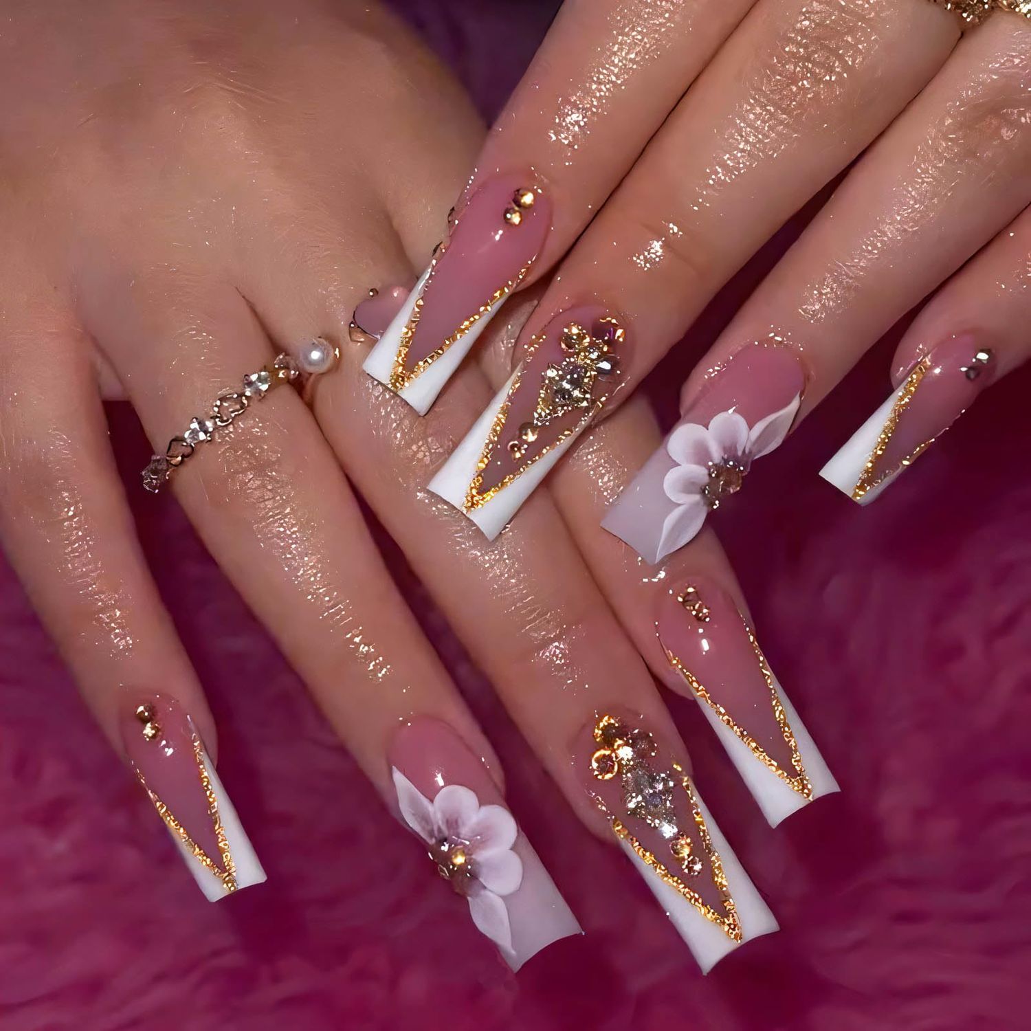 QQPPOLIU Nail Press Ons - French, Nude, Flower &amp; Rhinestone Designs - Long, Medium, Coffin, Square, 3D, Glitter, Fake Nails - 24pcs