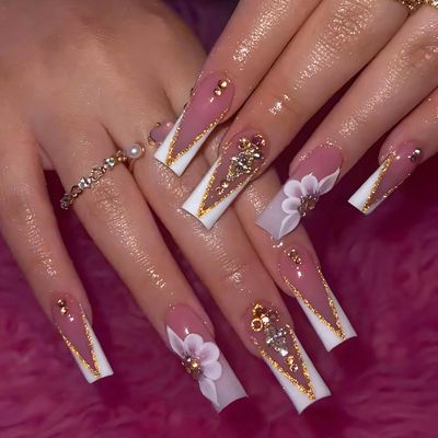 QQPPOLIU Nail Press Ons - French, Nude, Flower &amp; Rhinestone Designs - Long, Medium, Coffin, Square, 3D, Glitter, Fake Nails - 24pcs