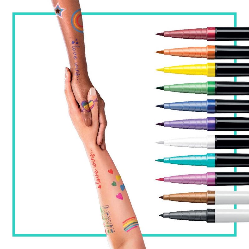 BODYMARK BIC Temporary Tattoo Markers for Skin, Pride Pack, Flexible Brush Tip, 11-Count Pack of Assorted Colors, Skin-Safe, Cosmetic Quality, Unique Gifts