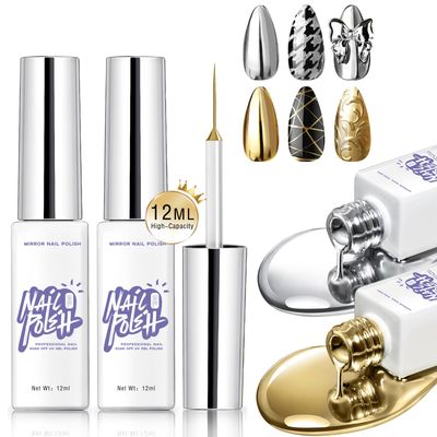 HOSAILY Metallic Mirror Painting Nail Polish, 2x12ml Silver Gold Painted Drawing Striper Gel Build in Thin Brush, Mirror Chrome Effect Nail Art Soak off UV/LED Glossy Metal Gel Liner DIY Nail Manicure