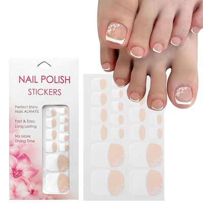 VOTACOS Nail Polish Strips for Toes, No UV Needed, Toe Nails Stickers White Flower French Toenail Gel Nail Strips Pedicure Full Nails Wraps for Women with 1 Wooden Stick, 1 Nail File &amp; 2 Prep Pad