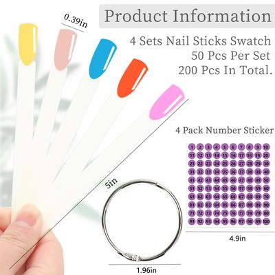 BQAN 200 Pcs Nail Swatch Sticks with Ring, Nails Art Display/Nail Practice Sticks for Home or Salon Use, 4 Pack Number Stickers