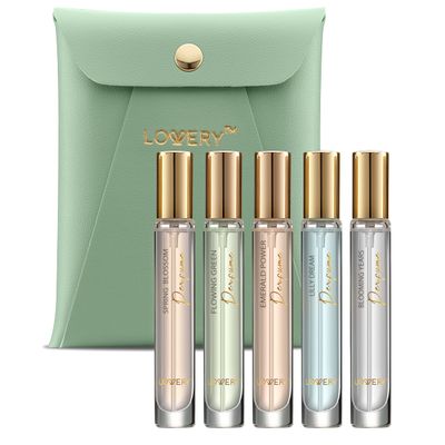 LOVERY Birthday Gifts For Her and Him, Perfume Set Pack of 5 - Perfume Sampler Sets for Women &amp; Men with Leather Pouch - 10ml Mini Perfume for Travel Gifts, Solo Scent &amp; Layering Fragrances