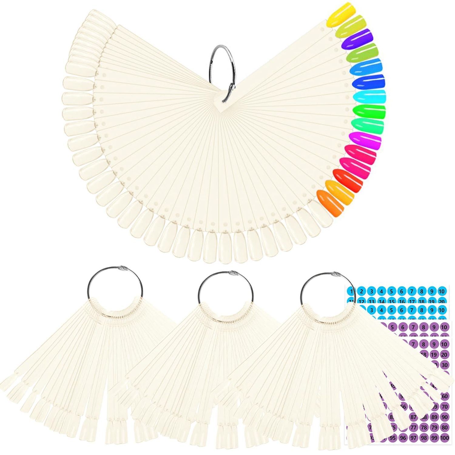BQAN 200 Pcs Nail Swatch Sticks with Ring, Nails Art Display/Nail Practice Sticks for Home or Salon Use, 4 Pack Number Stickers
