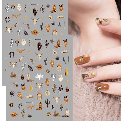 2 Sheets Retro Cowboy Nail Art Stickers, Western Cowboy Style Self-Adhesive DIY Nail Decals, Brown Cowboy Hat Designs Nail Stickers for Retro Style Nail Art Decals