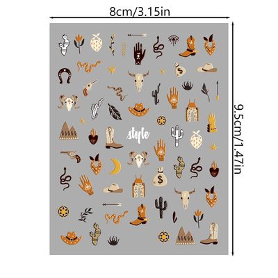 2 Sheets Retro Cowboy Nail Art Stickers, Western Cowboy Style Self-Adhesive DIY Nail Decals, Brown Cowboy Hat Designs Nail Stickers for Retro Style Nail Art Decals