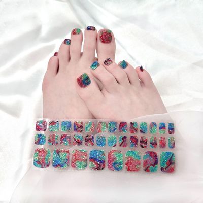 LIFOOST Semi Cured Gel Nail Strips 34 Pc. Toenail Gel Nail Stickers Pedicure Gel Wraps for Nails Glitter Toes Nail Polish Strips for Women Home Nails DIY