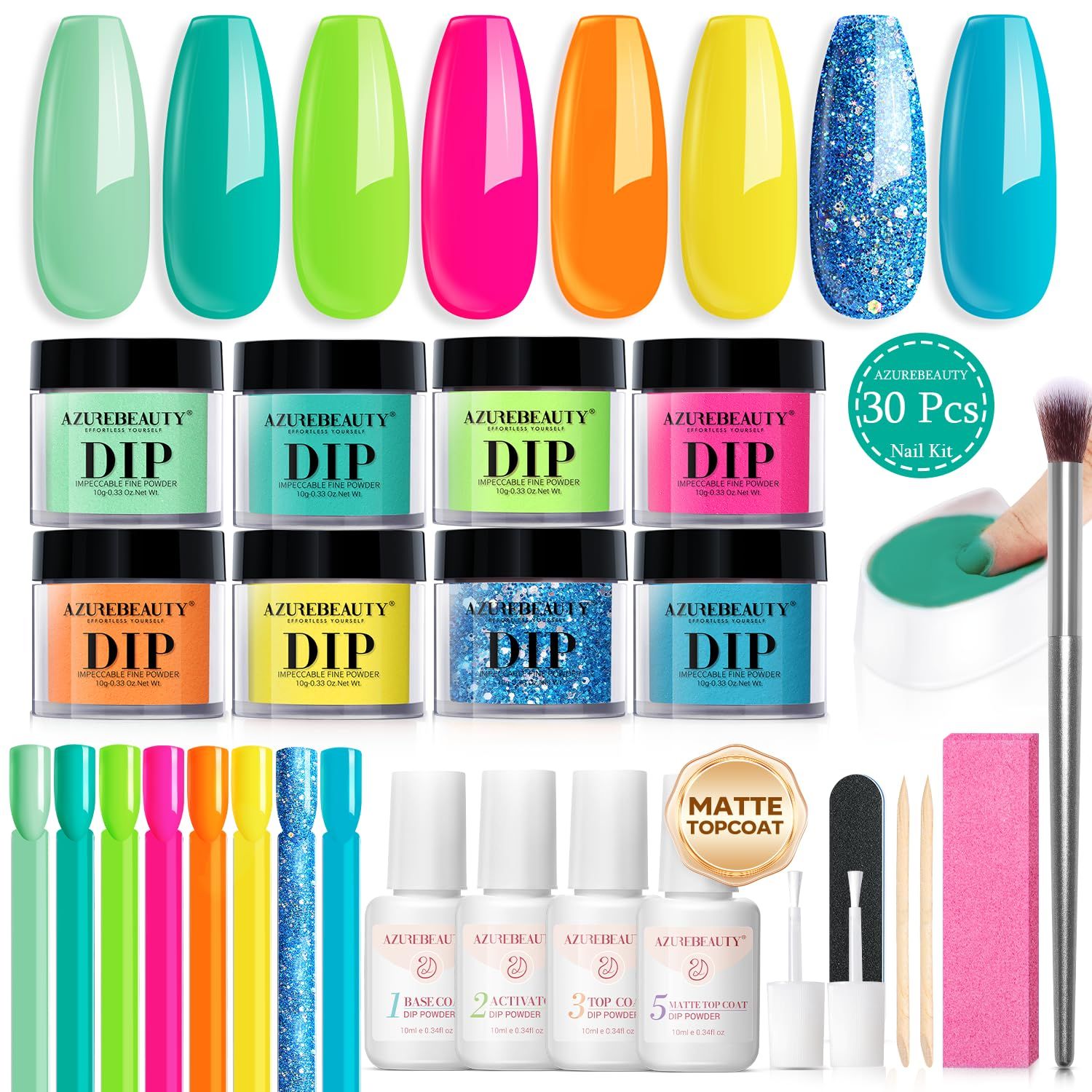 AZUREBEAUTY Dip Nails Powder Starter Kit, Hot Pink Neon Yellow Pastel Blue Green 8 Spring Summer Colors with Nail Sticks, Base Glossy Matte Top Coat Activator Liquid Set Manicure Art 30 PCS
