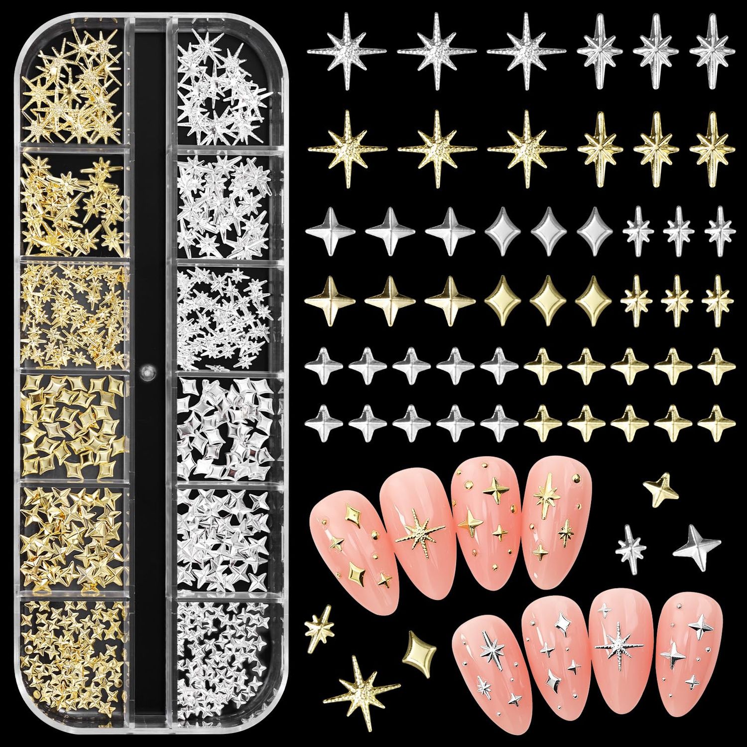 Star Nail Charms and Gold Nail Studs, Star Starshine Cross Metal Gold Nail Art Studs, Mixed Gold Silver Star Nail Charms and Gems, Golden Star Nail Art Charms, 3D Star Charms for Nail Art Y2K Decor