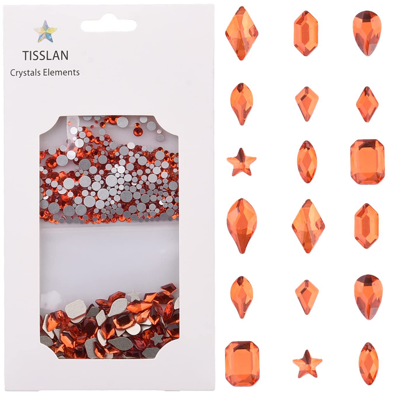 Tisslan 820pcs Orange Crystal Flatback Glass Mix Size Shape Nail Stones 3D Nail Decoration Rhinestone Charms Handmade DIY Craft Jewels Accessory Supply