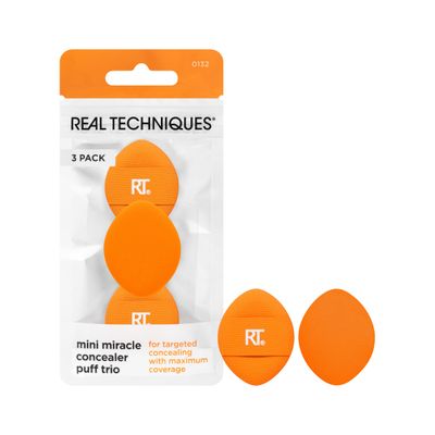 Real Techniques Mini Miracle Concealer Puff Trio, Small Makeup Puff For Liquid &amp; Cream Foundation &amp; Concealer, Targeted Concealing, Travel Friendly &amp; Reusable, Vegan &amp; Cruelty Free, 3 Count