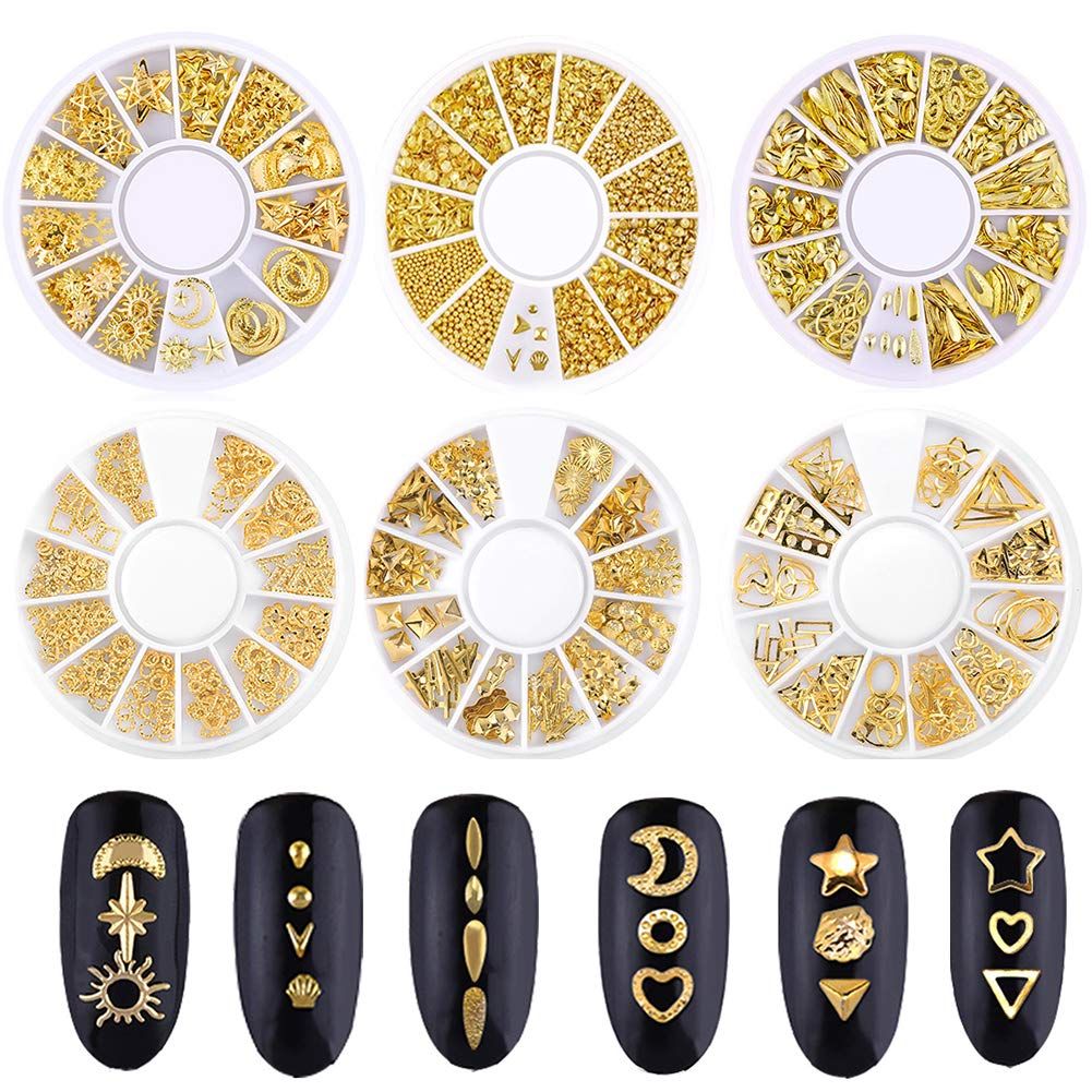Beuniar Nail Micro Beads Studs 3D Nails Supply Gold Art Decorations Charms Metal 6 Boxes Star Moon Heart Triangle Square Rivet for Fingernails &amp; Toenails Decor