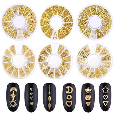 Beuniar Nail Micro Beads Studs 3D Nails Supply Gold Art Decorations Charms Metal 6 Boxes Star Moon Heart Triangle Square Rivet for Fingernails &amp; Toenails Decor