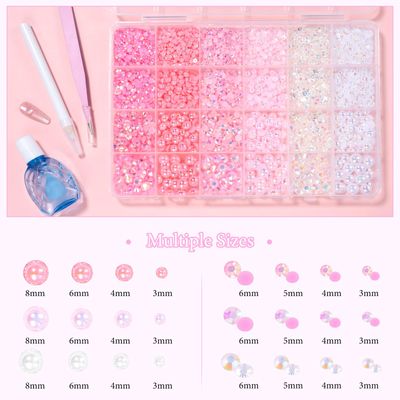 9000 Pcs Flatback Nail Pearl and Jelly Resin Rhinestones for Crafting, Pink White Mixed Size 3-8mm Jelly Rhinestones and Pearls Nail Jewels, Bedazzling Crystal Nails Art, Tweezer and Pickup Pencil
