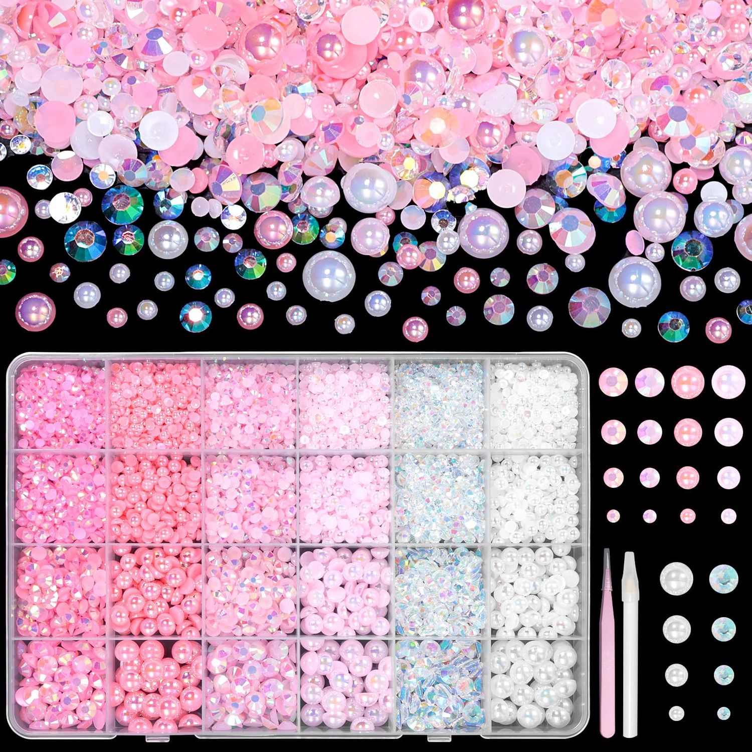 9000 Pcs Flatback Nail Pearl and Jelly Resin Rhinestones for Crafting, Pink White Mixed Size 3-8mm Jelly Rhinestones and Pearls Nail Jewels, Bedazzling Crystal Nails Art, Tweezer and Pickup Pencil