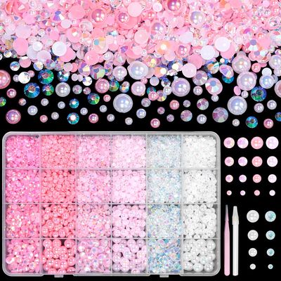 9000 Pcs Flatback Nail Pearl and Jelly Resin Rhinestones for Crafting, Pink White Mixed Size 3-8mm Jelly Rhinestones and Pearls Nail Jewels, Bedazzling Crystal Nails Art, Tweezer and Pickup Pencil