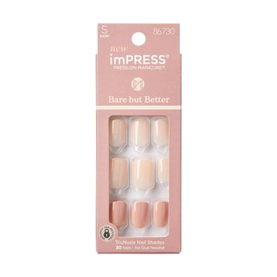 KISS imPRESS No Glue Mani Press On Nails, Bare But Better, Simple Pleasure, Nude, Short Size, Squoval Shape, Includes 30 Nails, Prep Pad, Instructions Sheet, 1 Manicure Stick, 1 Mini File