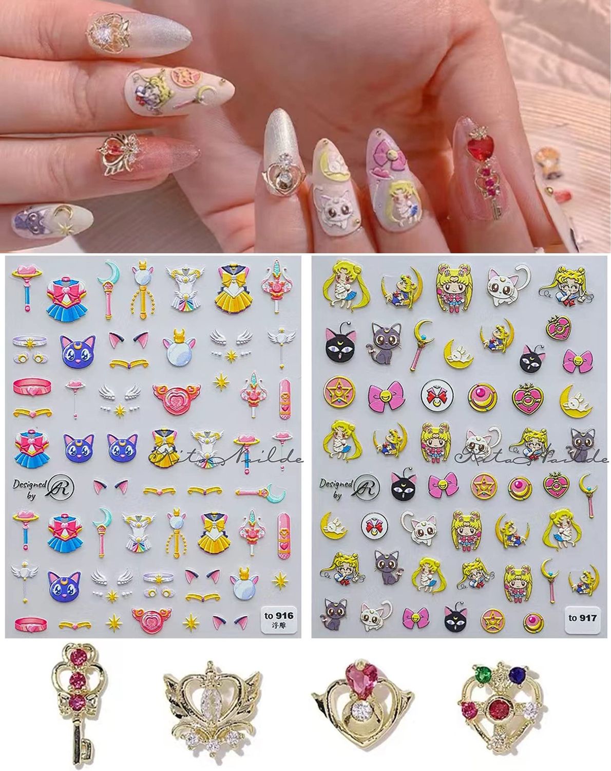 New Cartoon Anime Princess Moon Hare Nail Sticker Decals 5D Embossed(2 Sheets) 3D Diamond Nail Art Accessories(4 Pcs)