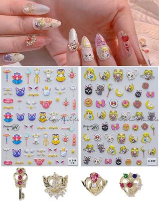 New Cartoon Anime Princess Moon Hare Nail Sticker Decals 5D Embossed(2 Sheets) 3D Diamond Nail Art Accessories(4 Pcs)