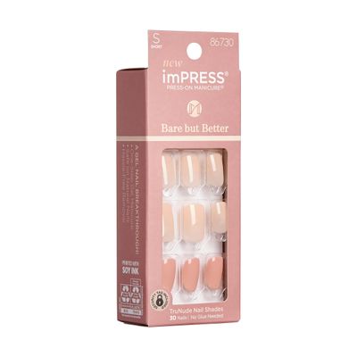 KISS imPRESS No Glue Mani Press On Nails, Bare But Better, Simple Pleasure, Nude, Short Size, Squoval Shape, Includes 30 Nails, Prep Pad, Instructions Sheet, 1 Manicure Stick, 1 Mini File