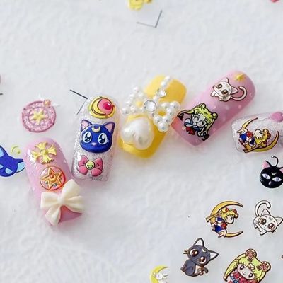 New Cartoon Anime Princess Moon Hare Nail Sticker Decals 5D Embossed(2 Sheets) 3D Diamond Nail Art Accessories(4 Pcs)