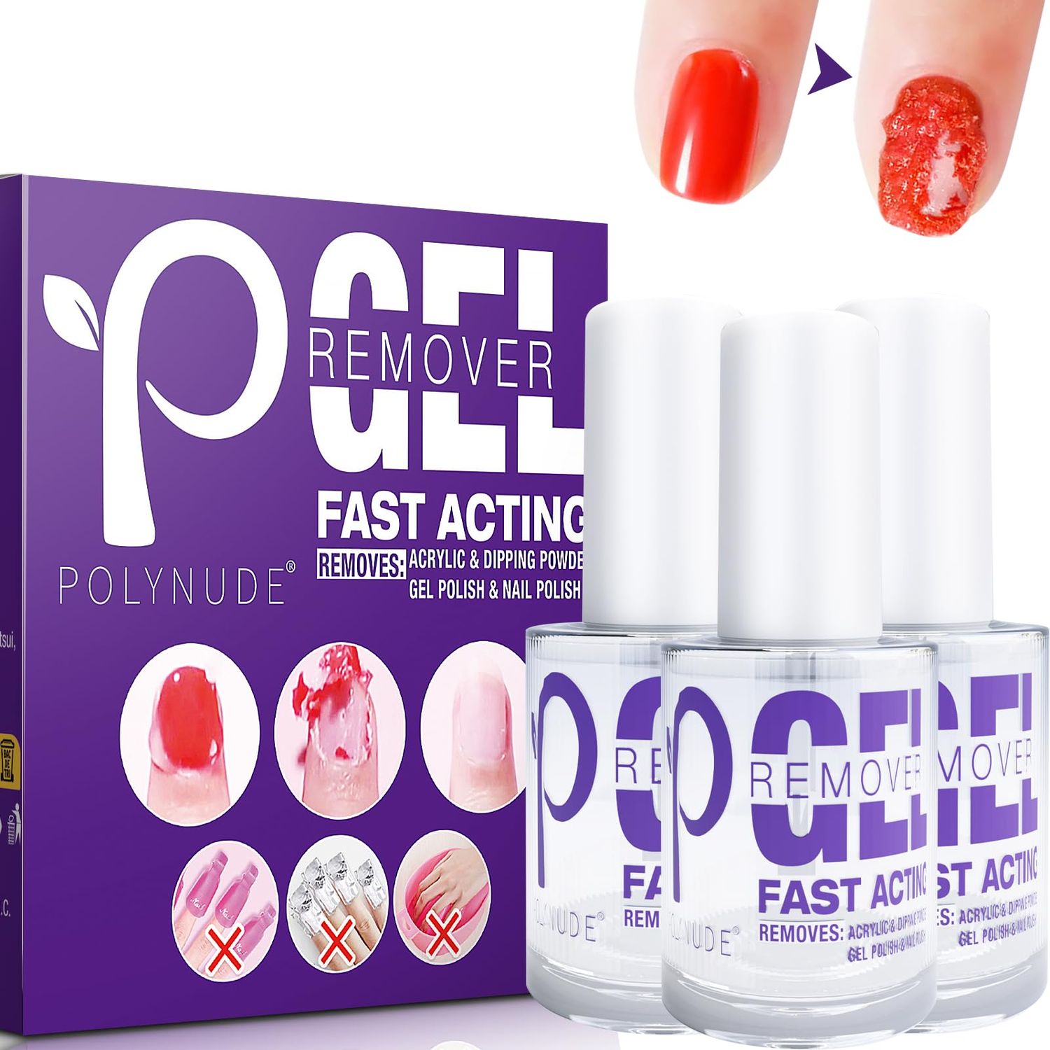 Polynude Gel Nail Polish Remover, 3 Pack Professional Powerful Remove Gel Nail Polish Within 3-6 Minutes Quickly &amp; Easily Remove Gel Polish No Need for Foil,Soaking or Wrapping (Dont Hurt Nails) 15ml