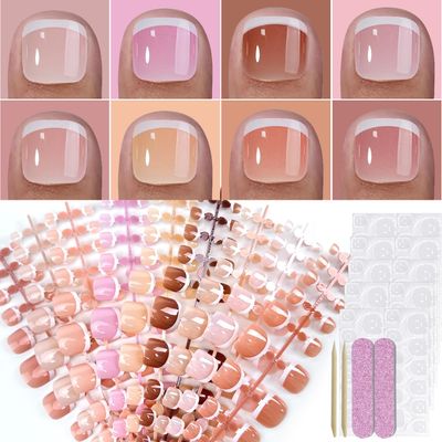 216Pcs Press on Toenails French Tips Toe Nails Press ons with Designs White French Fake Toe Nails False Toenails Glossy Full Cover Acrylic Glue on Toenails Stick on Toenails for Women Nail Manicure