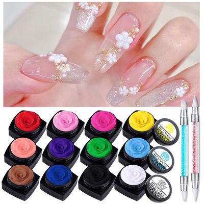 QIUFSSE 3D Nail Gel Sculpting Gel for Nail Art,12 Colors Painting Gel Molding Gel for Nails with 2 Carved Painting Pen,Creative DIY Decoration Soak Off UV