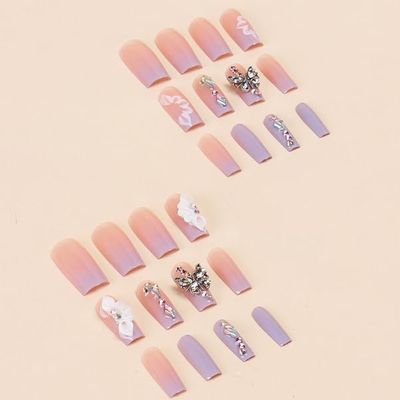 BABALAL Purple Press on Nails Long Square Fake Nails Butterfly Design Glue on Nails 3D Flower Charm Acrylic Nails 24Pcs Bling Squoval Luxury Full Cover False Nails