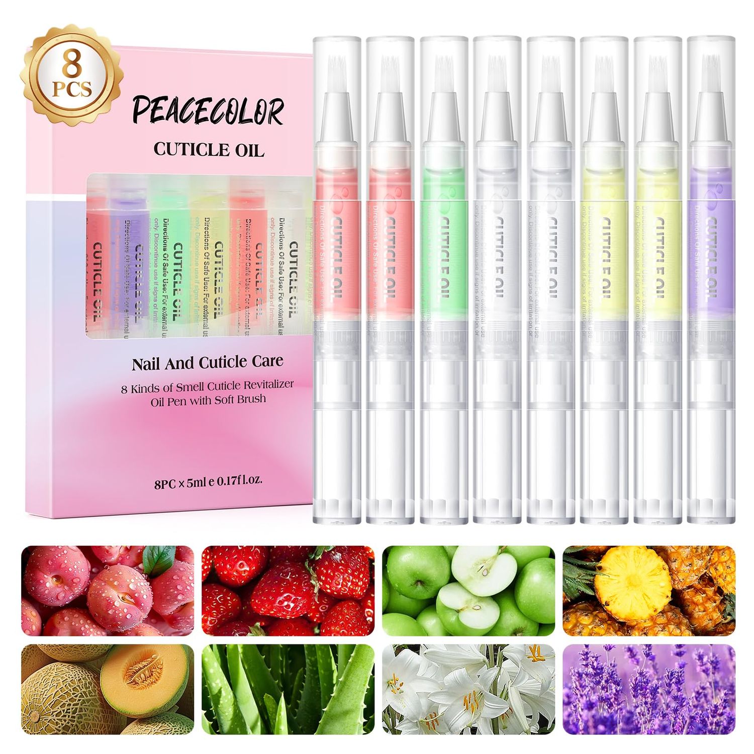 Peacecolor 8Pcs Cuticle Oil Pen for Nails Nail Oil Cuticle Pen for Nourishing Dry Damaged Cuticles Multiple Flavor Cuticle Revitalizer Oil Pen Nail Strengthener Nail Care Kit