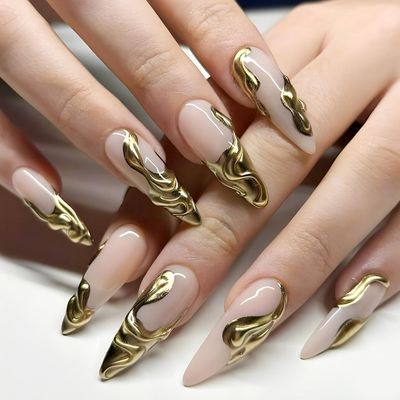 Gold French Tip Press on Nails Stiletto Fake Nails Nude False Nails with 3D Gold Irregularity Chrome Design Y2K Glue on Nails Glossy Acrylic Nails Long Almond Stick on Nails for Coquette Women 24Pcs