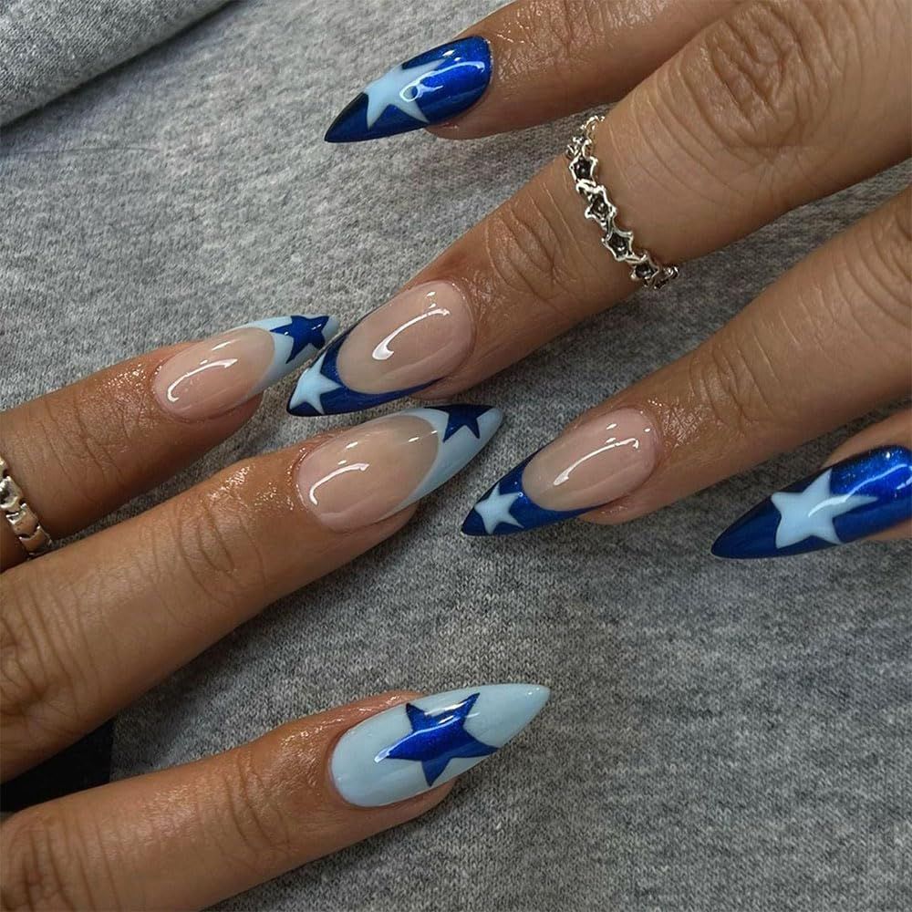 BAOYAALIN Blue Press on Nails Short Medium Almond French Tips Y2K Fake Nails with Star Design Gel Glue on Nails for Women Girls Acrylic False Stick on Nail Manicure Decorations for Wedding 24Pcs