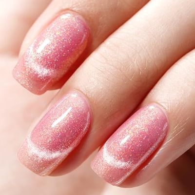 AILLSA Cat Eye Gel Nail Polish - Pink Glitter Jelly Holographic Iridescent Shimmer Nail Polish with Magnet Stick for Nail Art Salon - 0.27 Fl Oz GE24