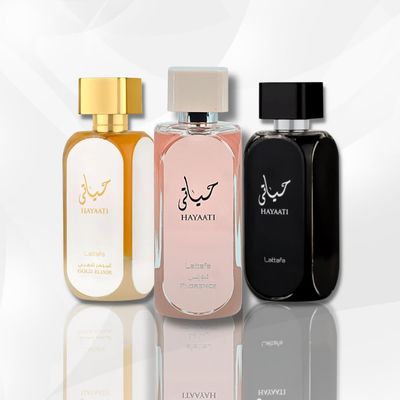 Lattafa Perfumes Premium Collection Hayaati for Men, Gold Elixir for Women &amp; Florence EDP - 100ML/3.4Oz | Musk &amp; Woody Notes (Elegant Pack)