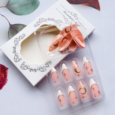 24Pcs Black French Tip Press on Nails Short Almond Fake Nails Acrylic False Nails with 3D Gold Chrome Gold Star Moon Designs Glossy Glue on Nails Full Cover Artificial Stick on Nails for Women