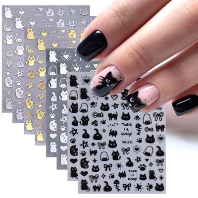 Cat Nail Stickers - 8 Sheets Cute 3D Self Adhesive Gold Silver Black White Cat Design Decals for Kids, Girls, Women DIY Nail Decoration