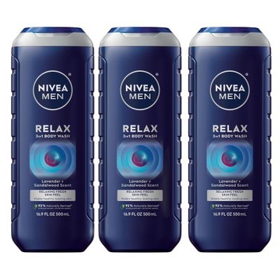 NIVEA MEN Relax 3-in-1 Body Wash, Lavender and Sandalwood Scent, 3-in-1 Mens Body Wash, Face and Hair, Paraben Free, Vegan Formula, 16.9 Fl Oz Bottle, Pack of 3