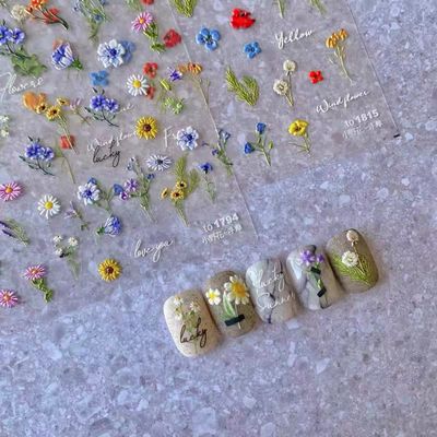 Dedyel Small Daisy Little Wild Flower Nail Stickers 5D Embossed Wildflower Nail Stickers Spring Summer Red Yellow Blue White Flower Design Nail Art Decoration for Women Girls Kids