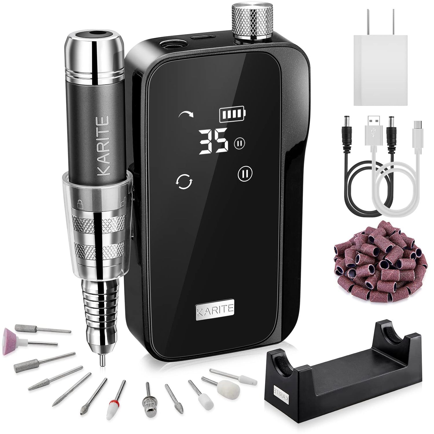 KARITE Nail Drill for Acrylic Nails Professional, 35000RPM Portable Nail File, Electric Nail Drill Machine 24H Working Time, Coreless Motor and 12 Bits, for Nail Art Manicure Pedicure, Low Noise