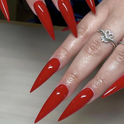 MERVF Stiletto Press on Nails Long Fake Nails Red Almond Glue on Nails Solid Color Acrylic Nails Press ons Artificial Goth Blood False Nails 24pcs Glossy Halloween