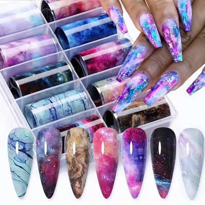 Marble Print Nail Art Foils Transfer Stickers 10PCS Marble Galaxy Pattern Nail Foils Adhesive Decals Nails Art Supplies Glossy Starry Sky Paper Transfer Slider for Women DIY Manicure Decorations