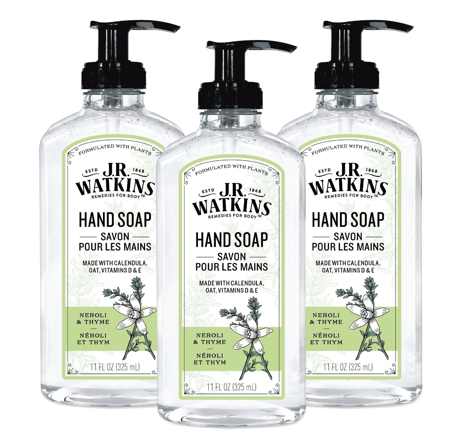J.R. Watkins Liquid Hand Soap With Dispenser, Moisturizing Hand Soap, Alcohol-Free, Cruelty-Free, Use For Bathroom and Kitchen, Neroli &amp; Thyme, 11 Fl Oz, 3 Pack