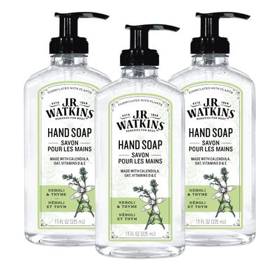 J.R. Watkins Liquid Hand Soap With Dispenser, Moisturizing Hand Soap, Alcohol-Free, Cruelty-Free, Use For Bathroom and Kitchen, Neroli &amp; Thyme, 11 Fl Oz, 3 Pack